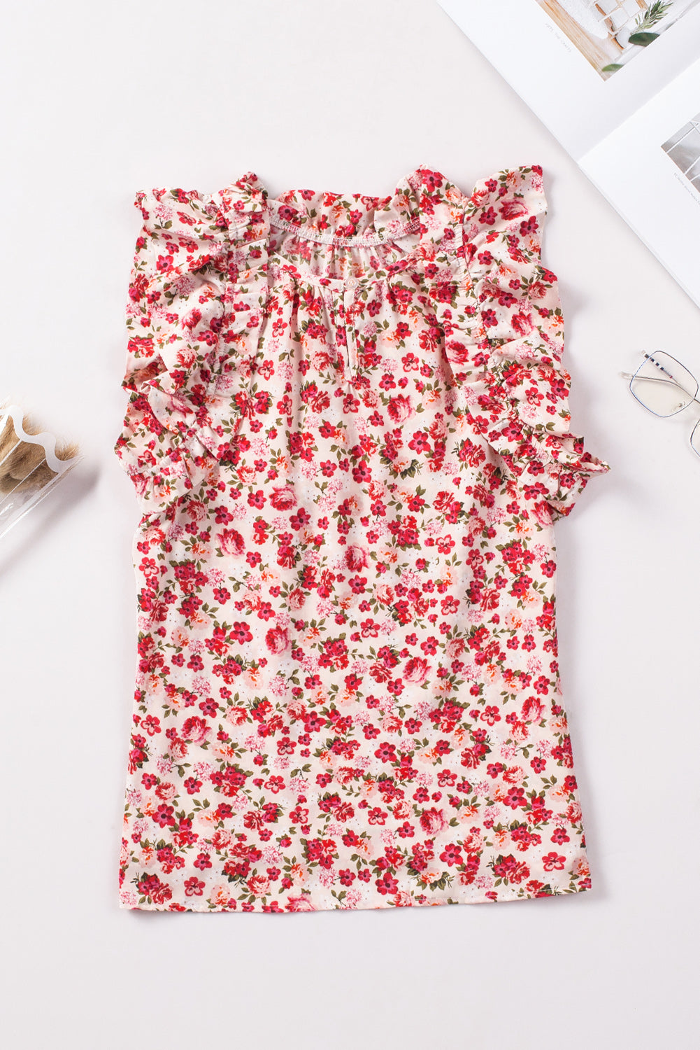 Red Floral Print Ruffled Mock Neck Sleeveless Top