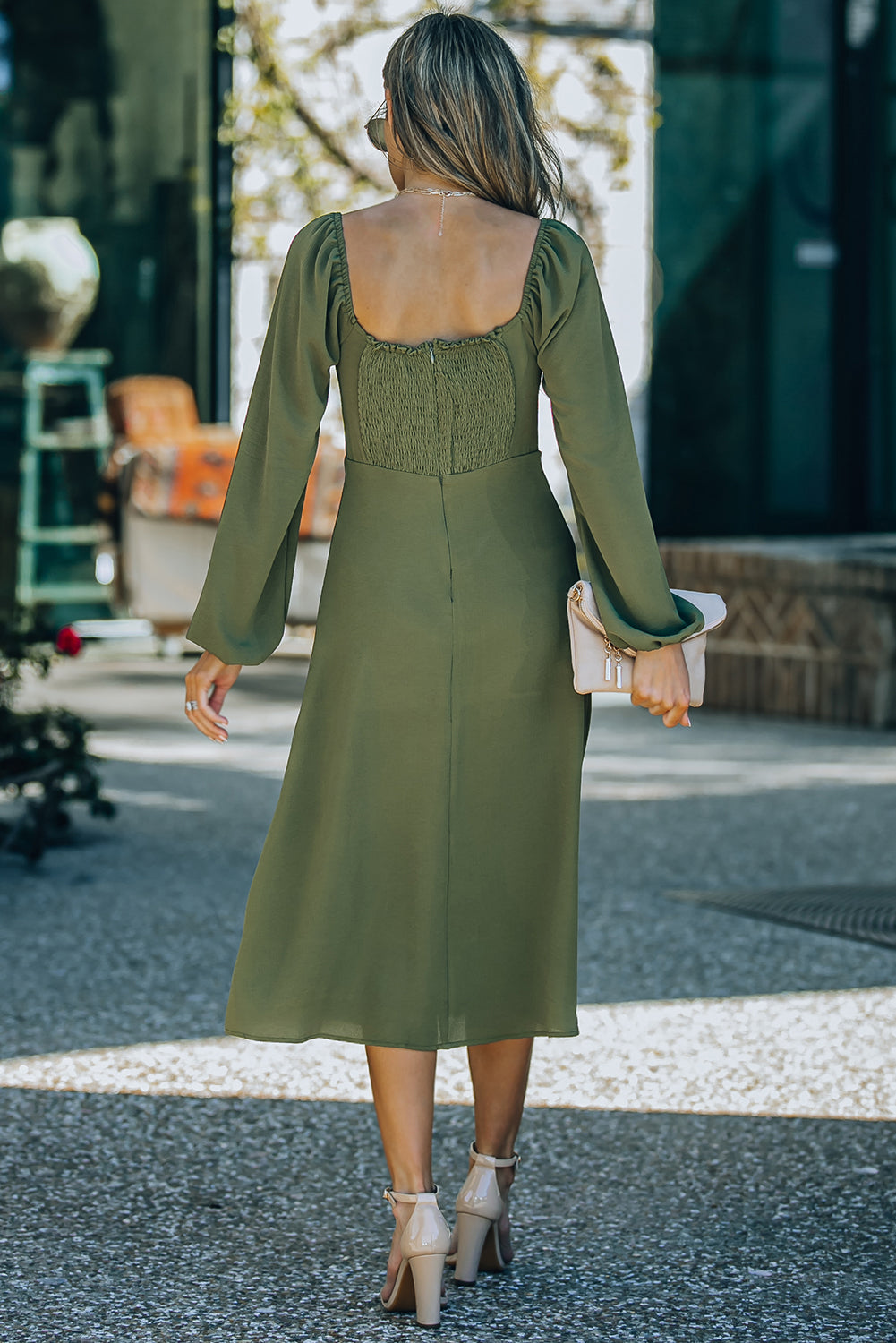 Green Square Neck Bishop Sleeves Shirred Midi Dress with Slit