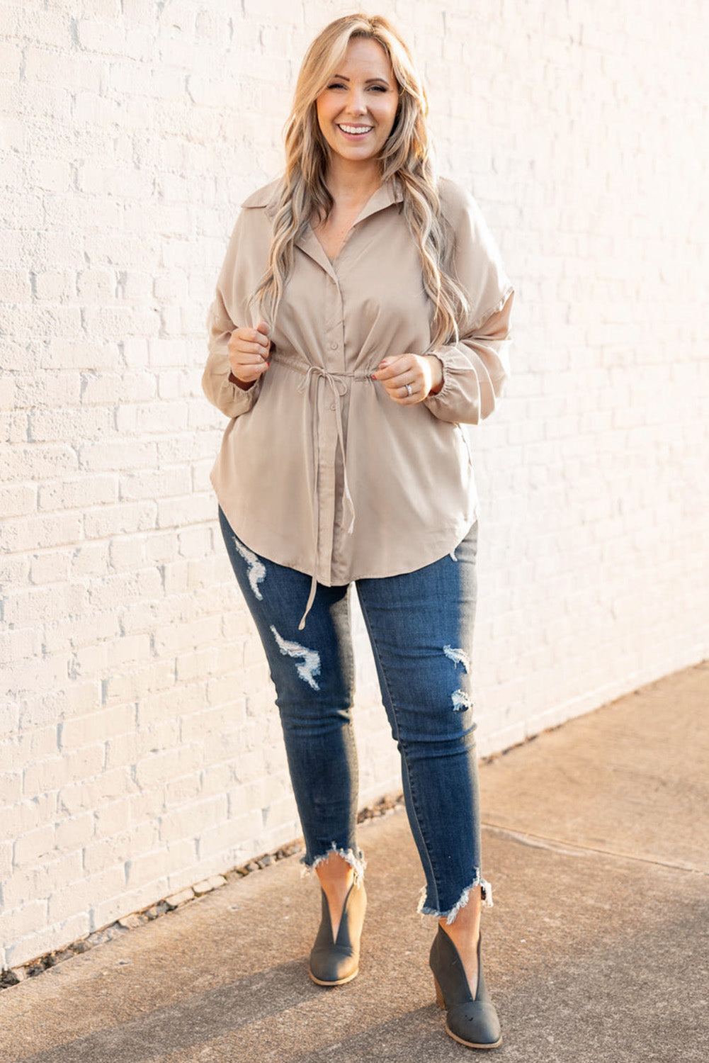 Flaxen Plus Size Puff Sleeve Tied Tunic Shirt