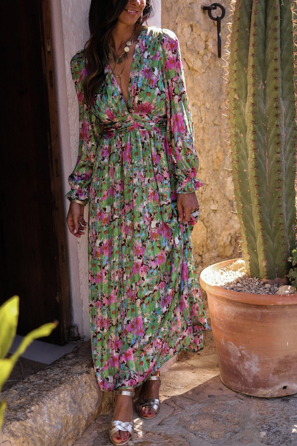 Green Floral Print Deep V Neck Ruched Cinched Waist Maxi Dress