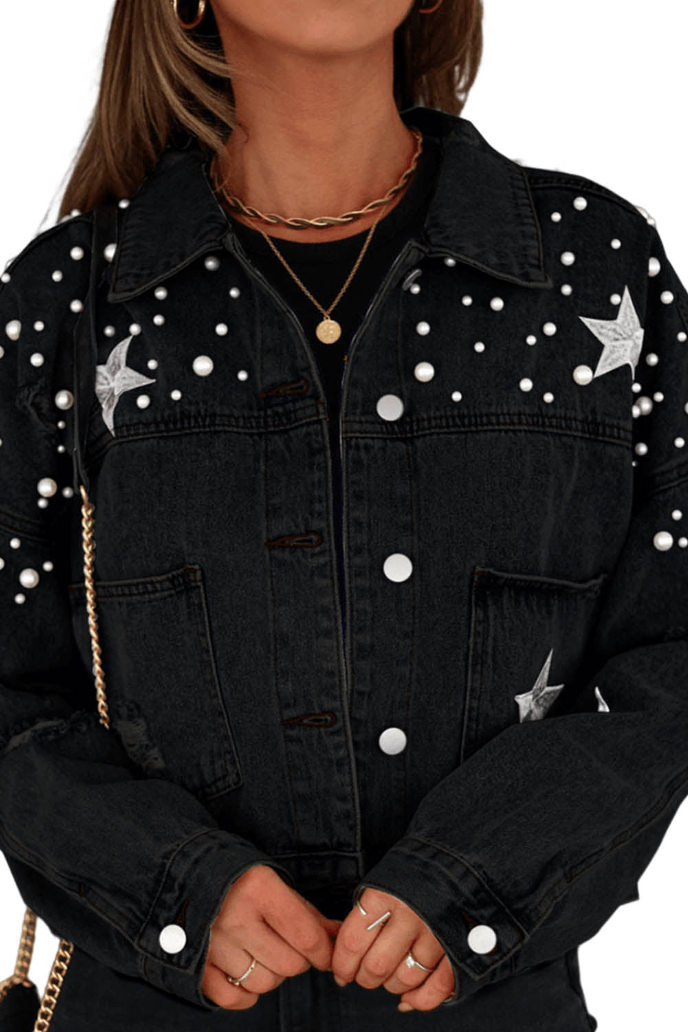 Black Distressed Pearls Star Cropped Denim Jacket