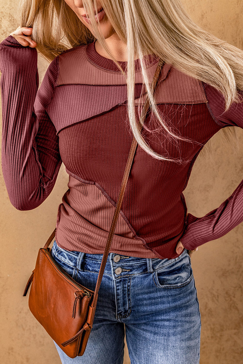 Red Expose Seam Color Block Ribbed Knit Top