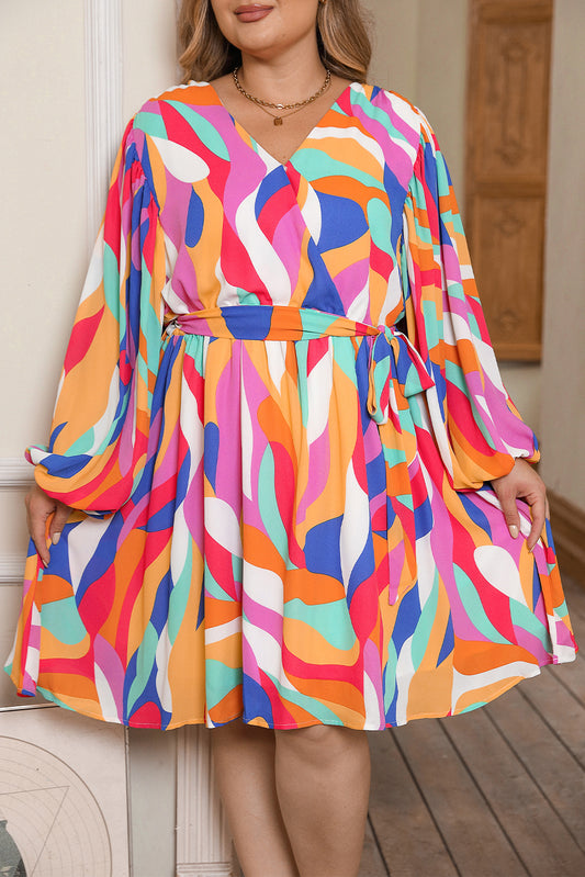 Multicolor Plus Size Abstract Print Oversized Sleeve Belted Dress