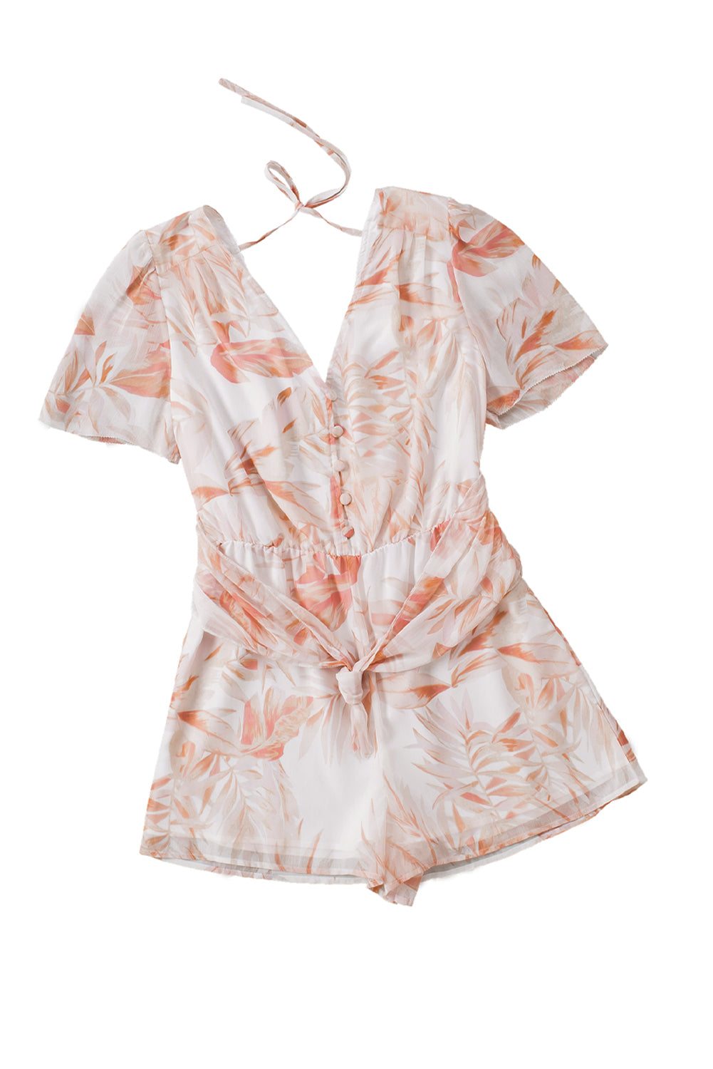 Khaki Tropical Leaf Print Button Belted Chiffon Romper