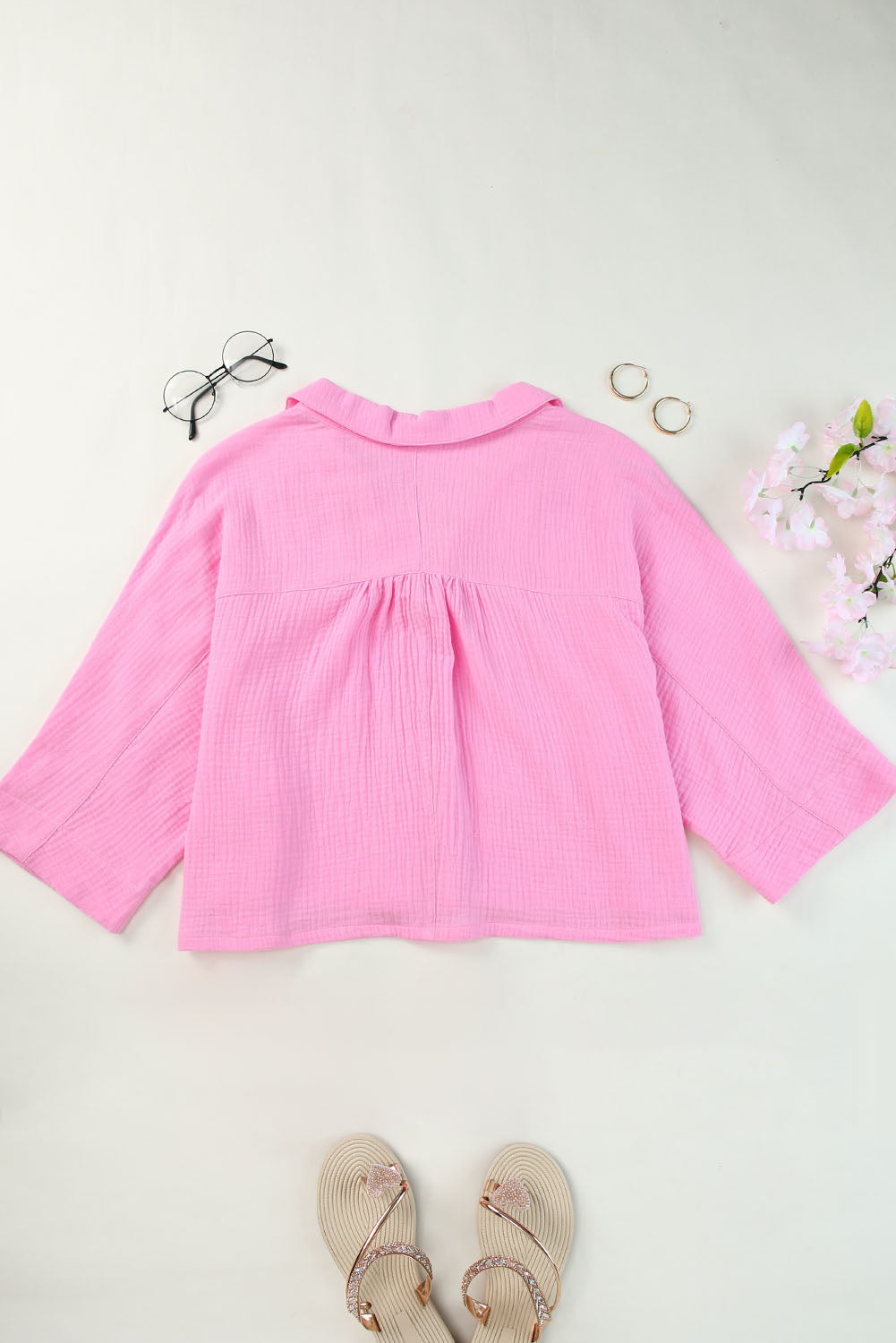 Pink Half Sleeves Crinkled Cropped Shirt