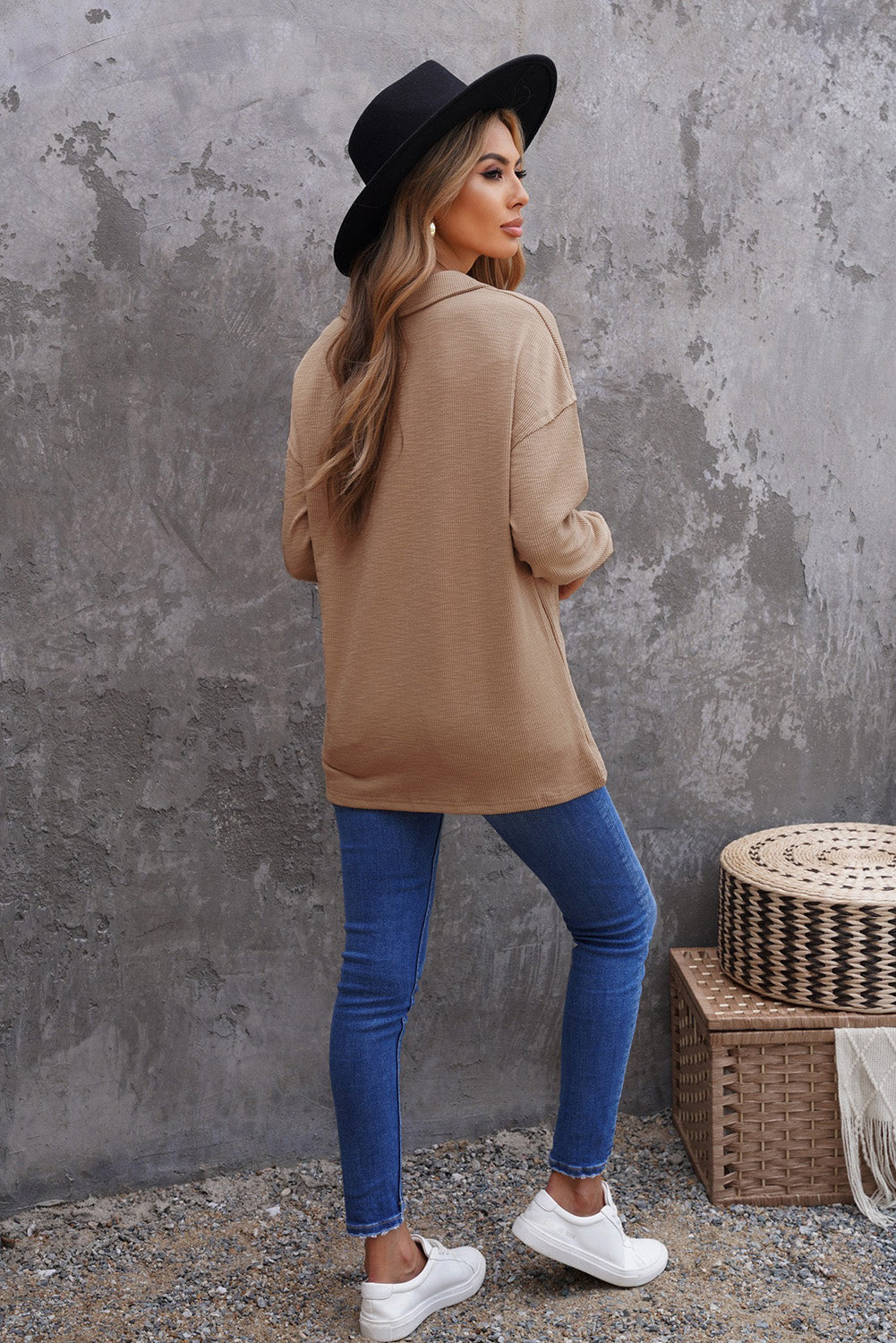 Khaki Button Front Turn-down Neck Knit Top