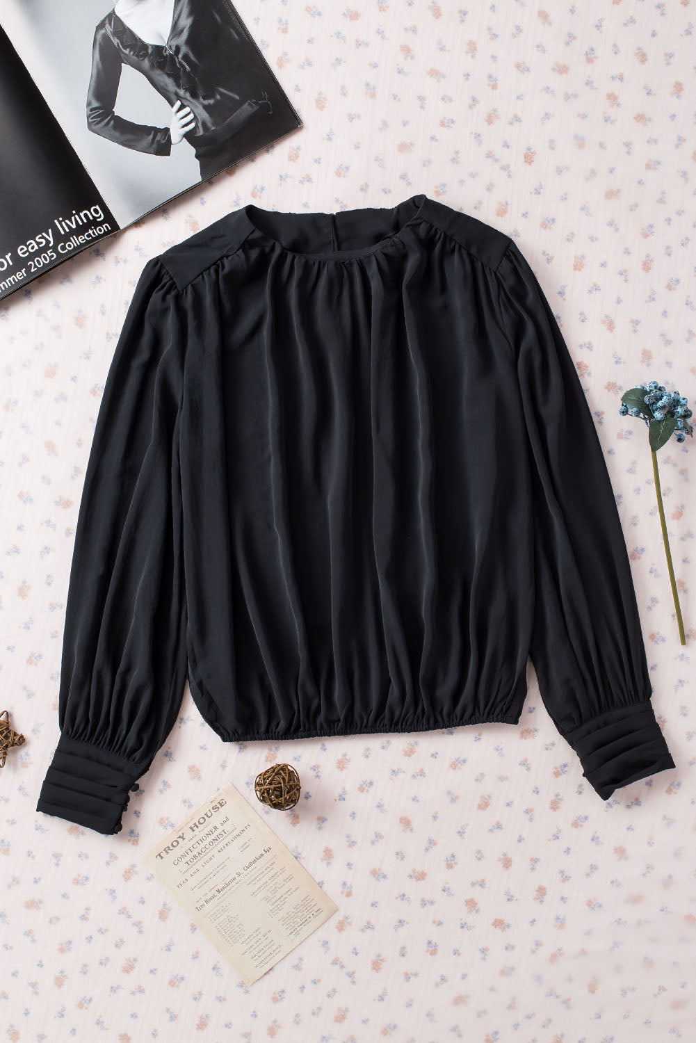 Black Padded Shoulder Buttoned Cuffs Pleated Loose Blouse