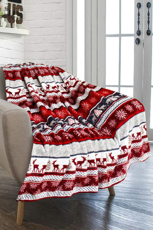 Red Christmas Elk Print Reversible Sherpa Fleece Blanket 130*150cm