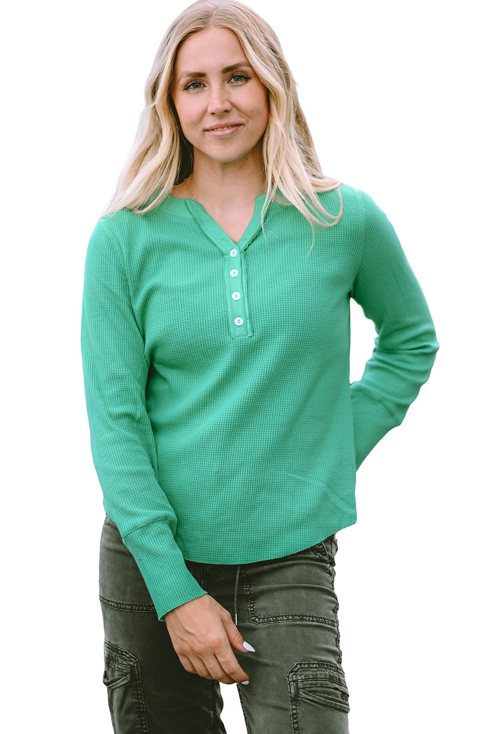 Green Trimmed Neckline Waffle Knit Henley Top