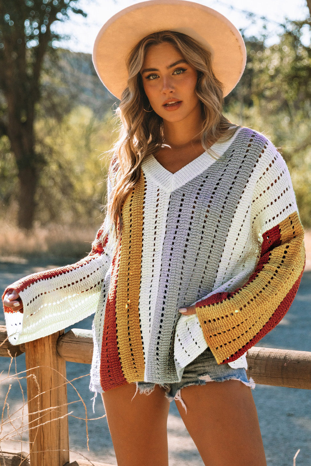 Multicolor Color Block Patchwork V Neck Knit Sweater