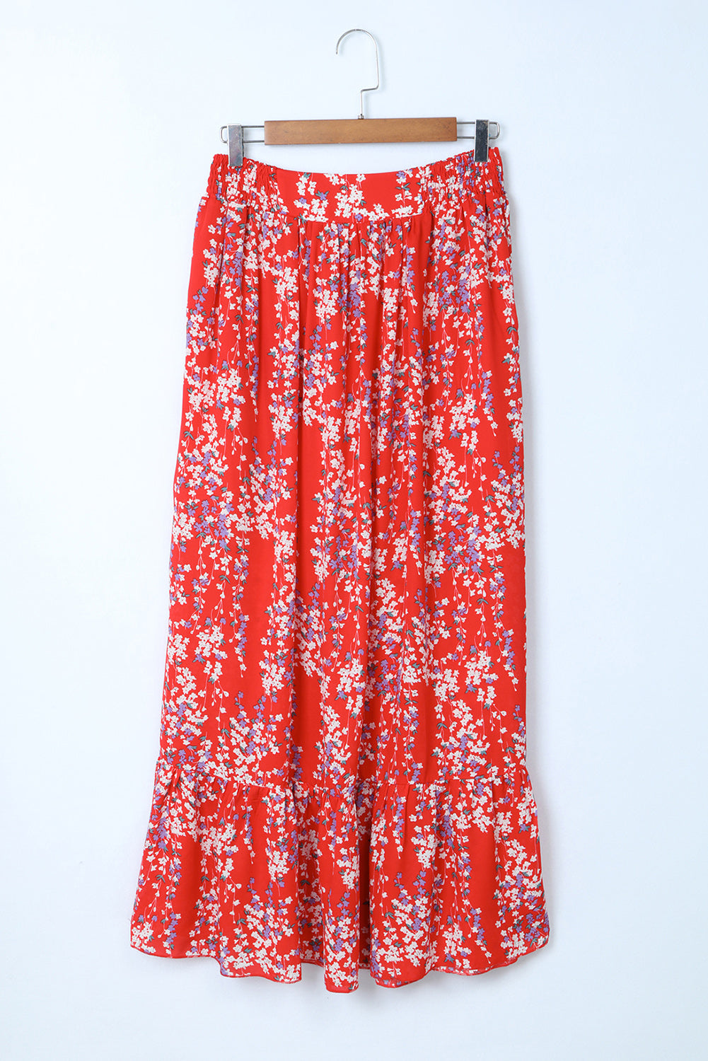 Red Multicolor Floral Ruffled Crop Top and Maxi Skirt Set