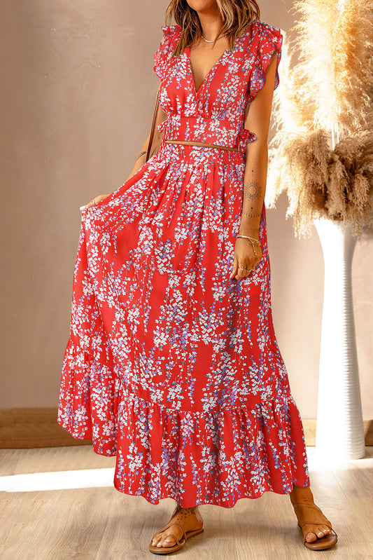 Red Multicolor Floral Ruffled Crop Top and Maxi Skirt Set