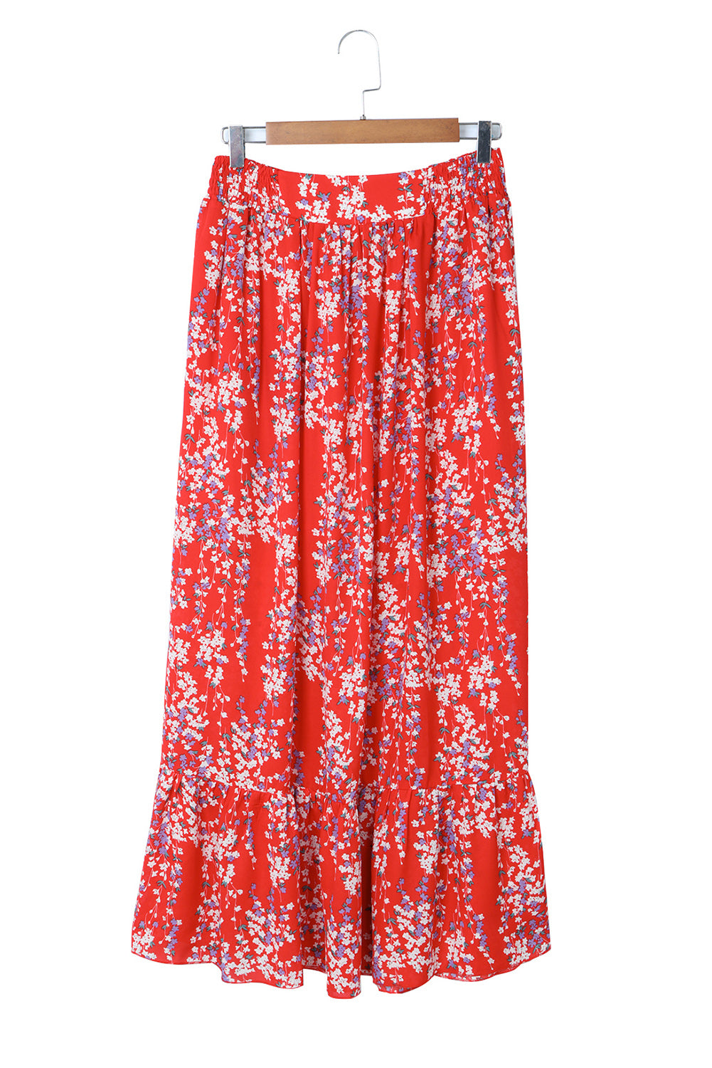 Red Multicolor Floral Ruffled Crop Top and Maxi Skirt Set