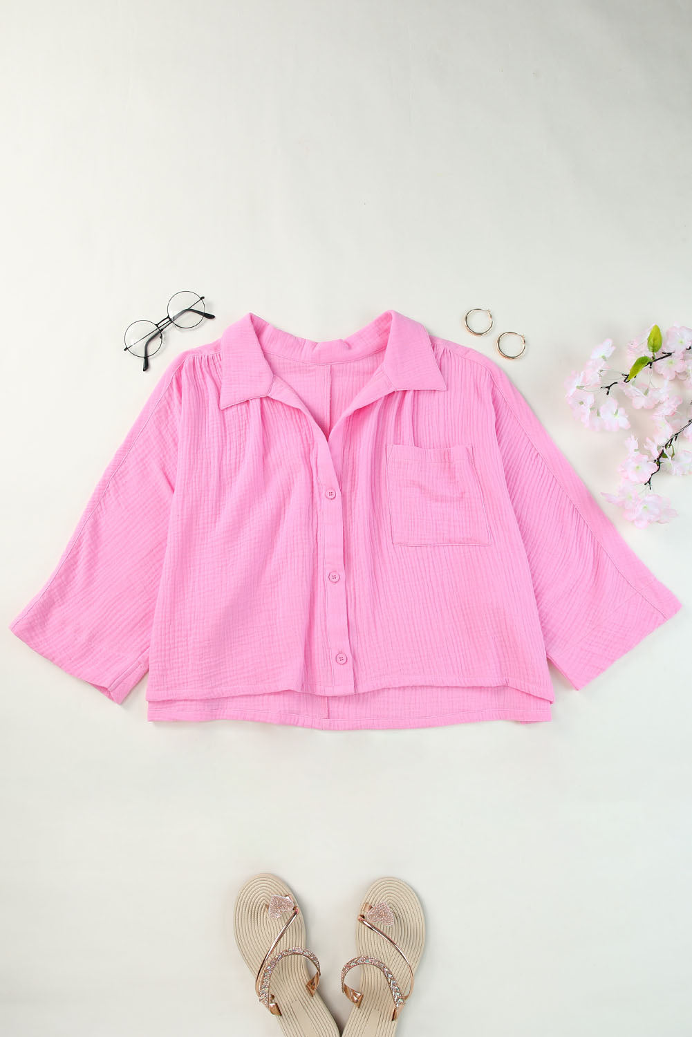 Pink Half Sleeves Crinkled Cropped Shirt