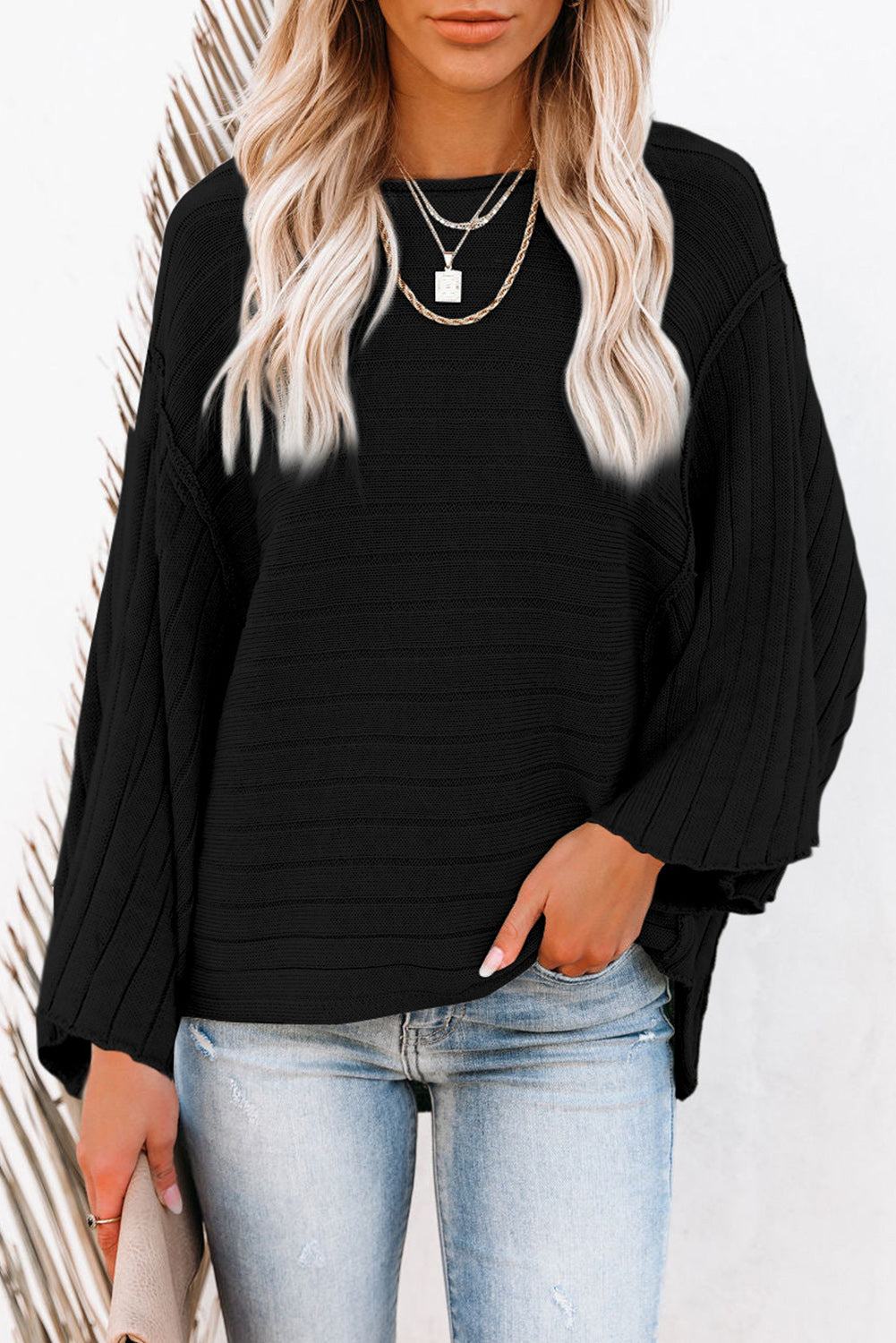 Black Exposed Seam Ribbed Knit Dolman Top