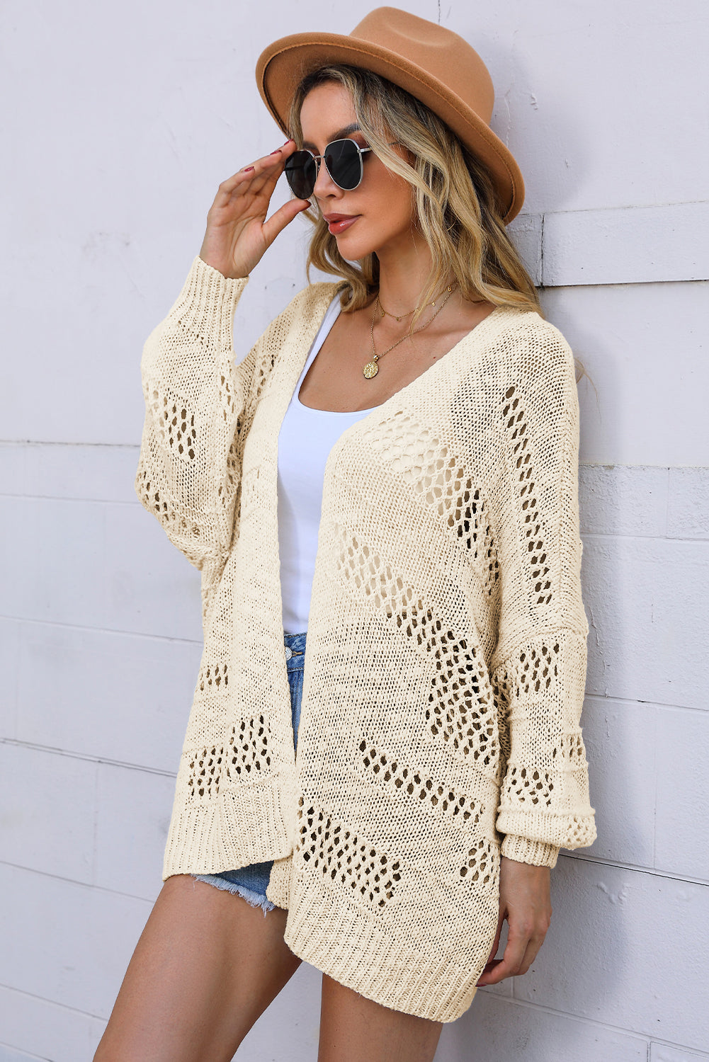 Apricot Casual Hollowed Knit Dolman Sleeve Cardigan