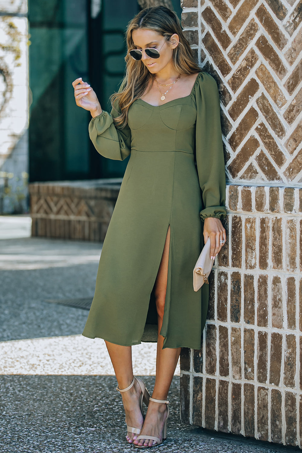 Green Square Neck Bishop Sleeves Shirred Midi Dress with Slit