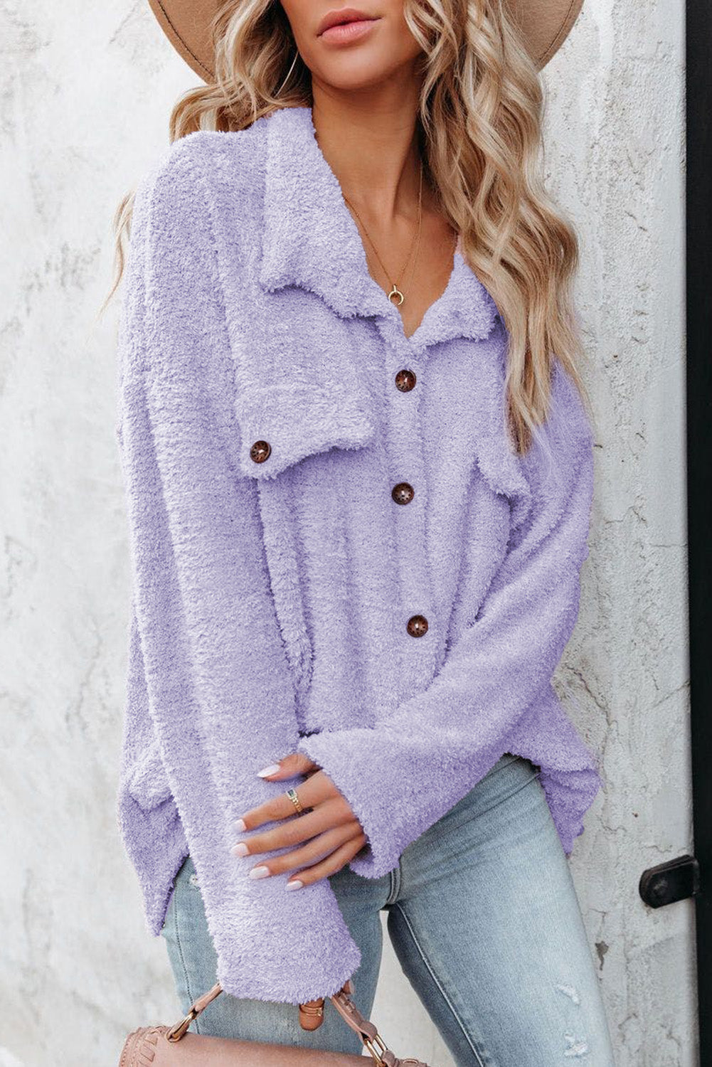 Purple Plush Button Down Pocketed Shirt Jacket