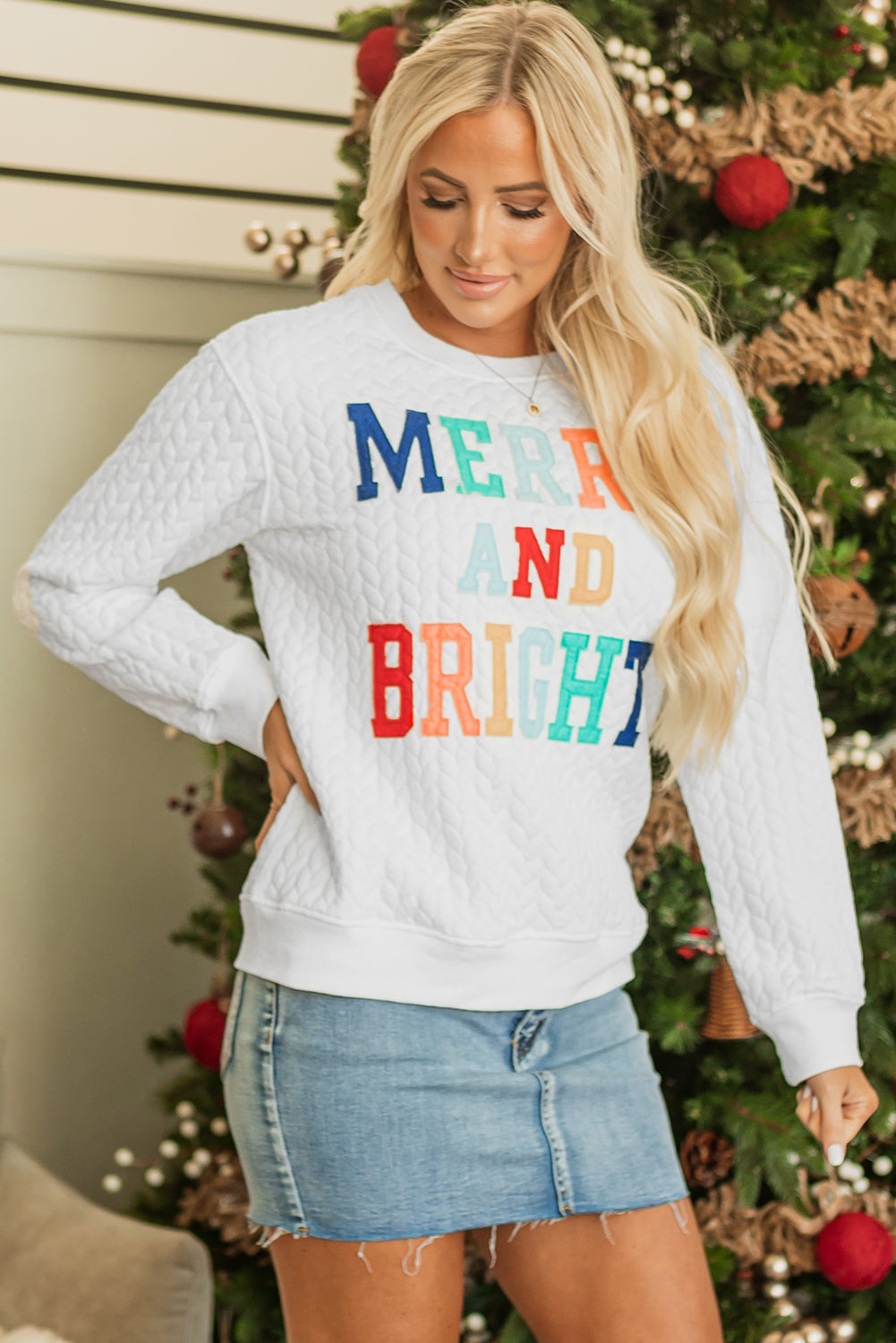 Bright White Merry And Bright Cable Knit Pullover Sweatshirt