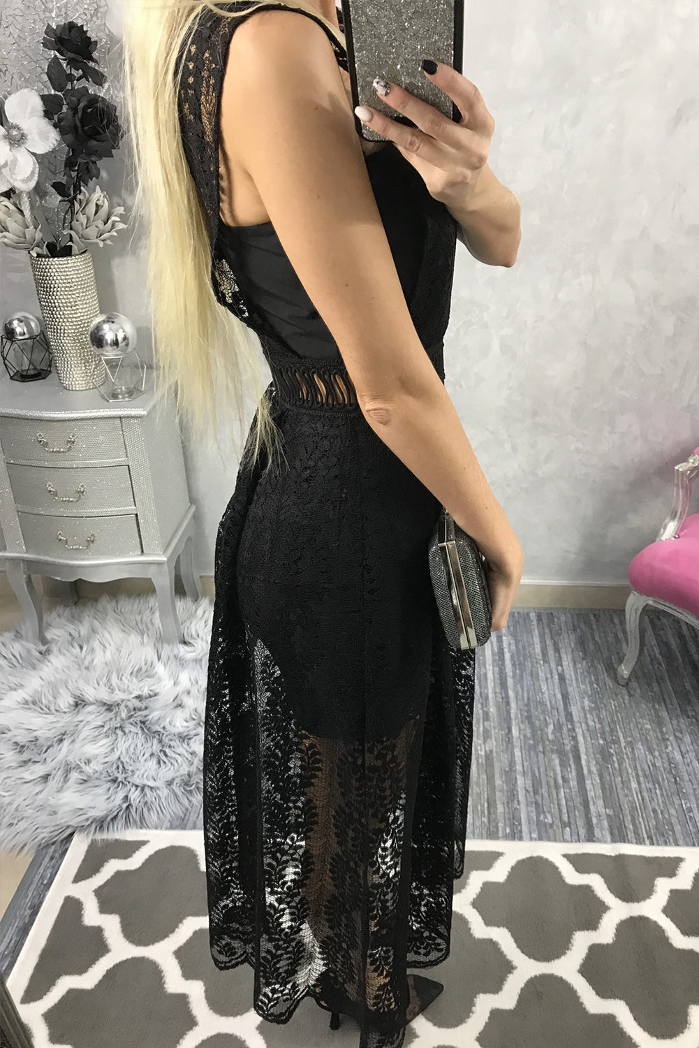 Black Contrast Lace High Waist Sleeveless V Neck Long Dress