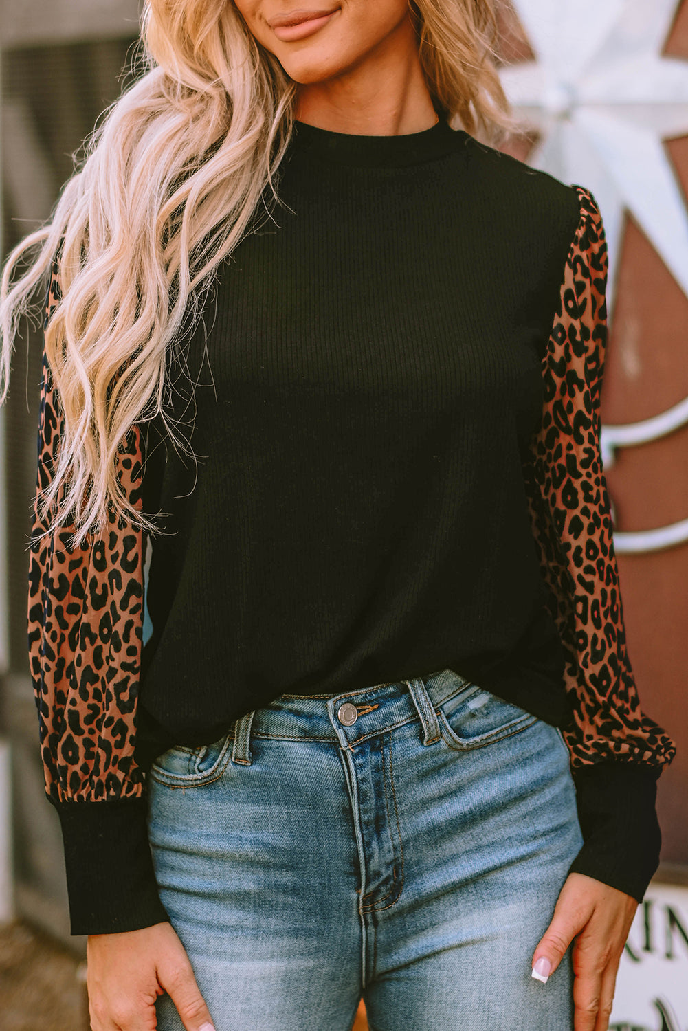 Black Leopard Print Long Sleeve Ribbed Knit Blouse