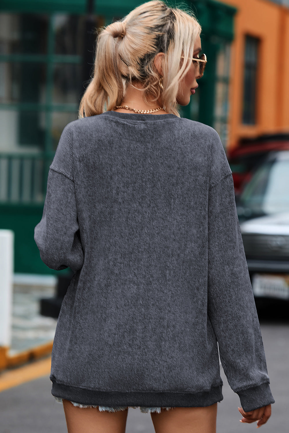 Gray Solid Ribbed Knit Round Neck Pullover Sweatshirt