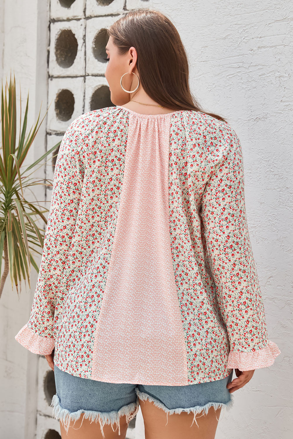 Pink Dotty Floral Patchwork Plus Size Long Sleeve Blouse