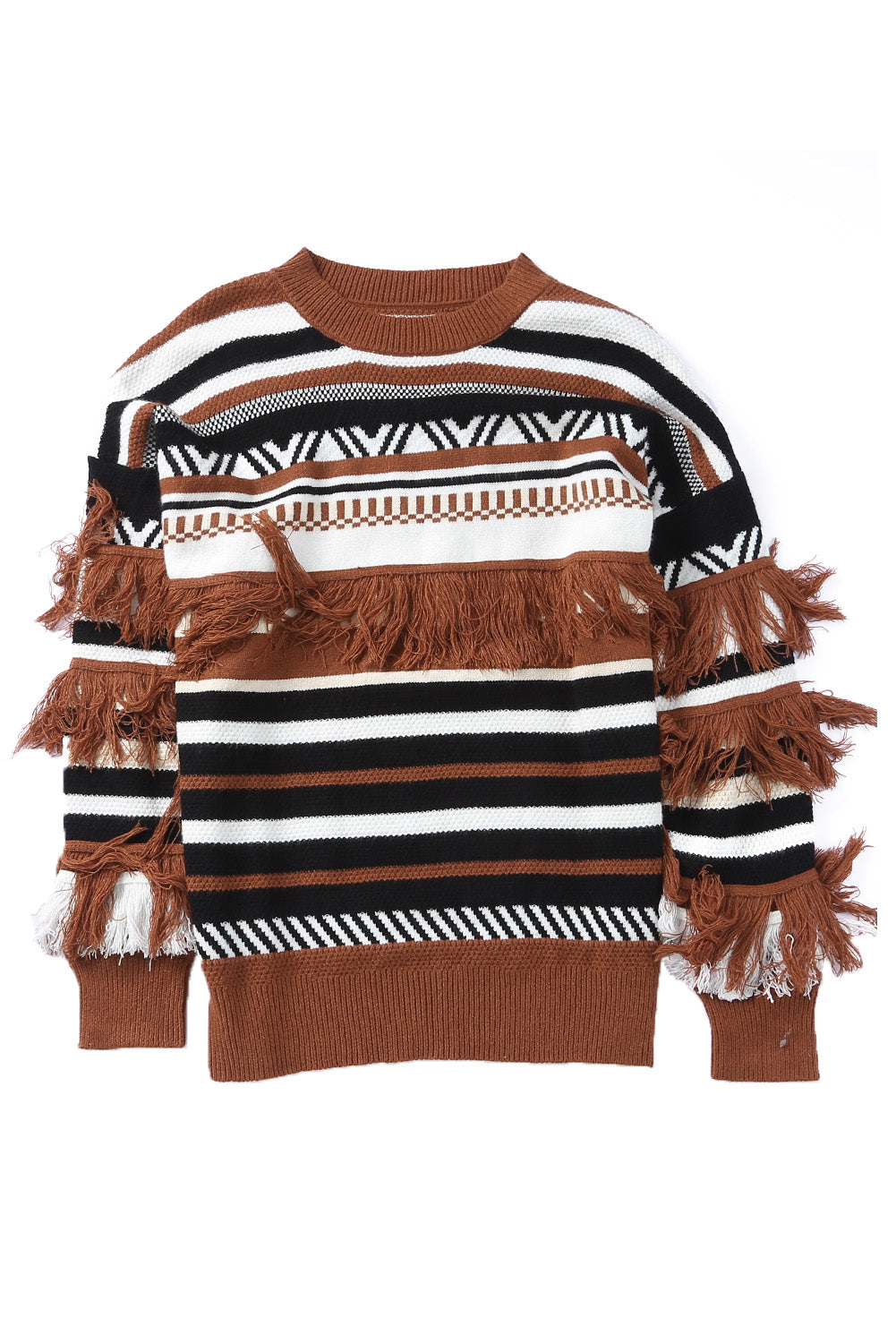 Multicolor Round Neck Striped Sweater with Fringe