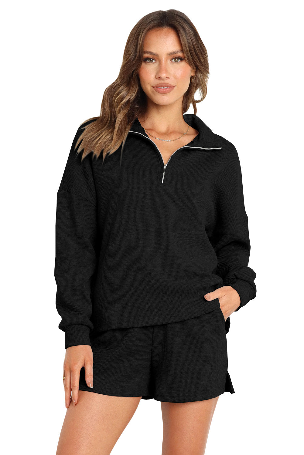 Black Ribbed Zipper Sweatshirt and High Waist Shorts Set