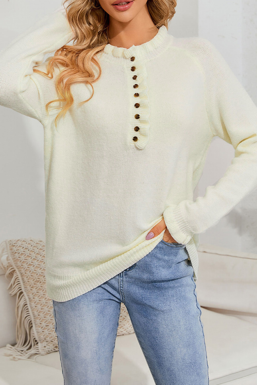 Beige Frill Trim Buttoned Knit Pullover Sweater