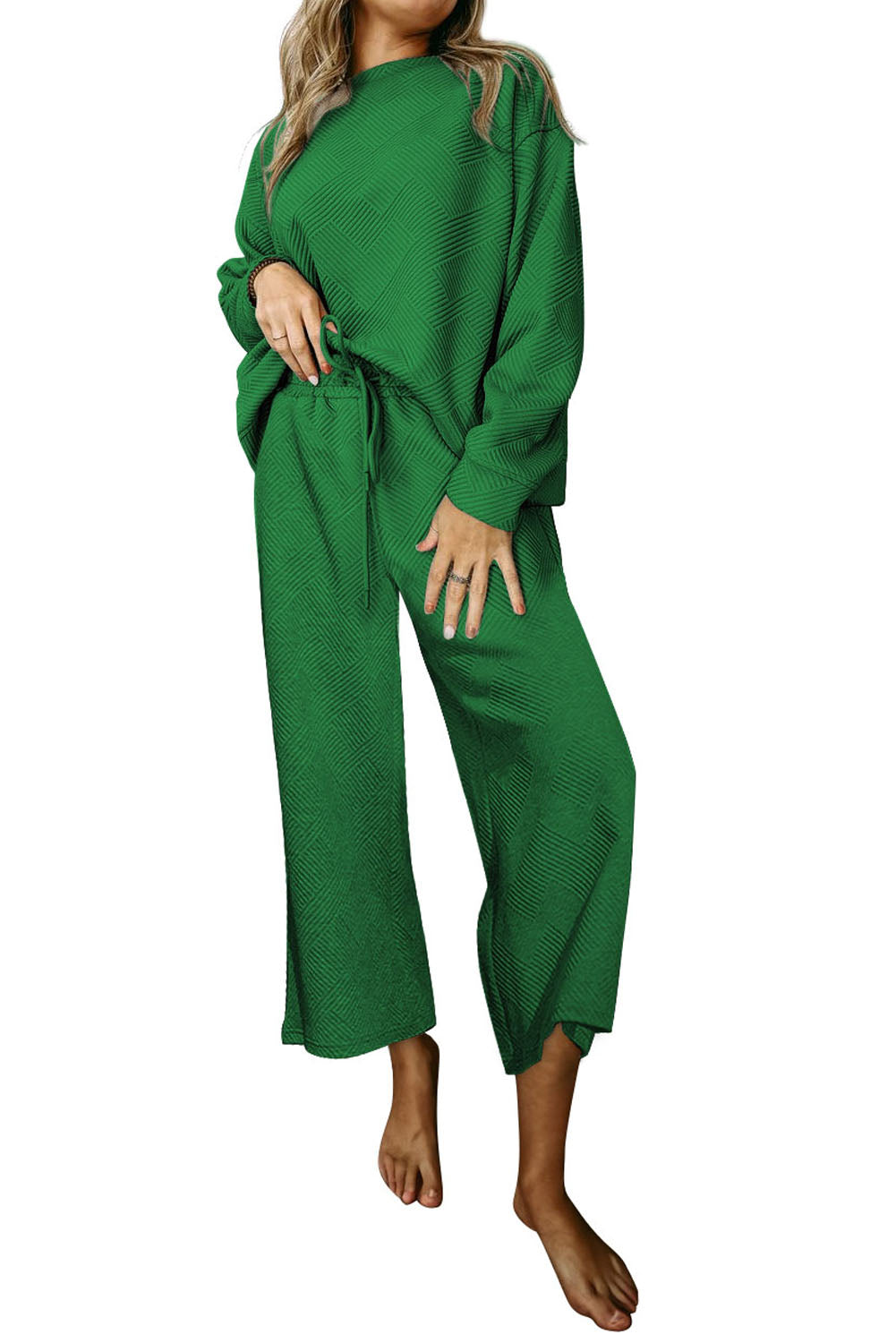 Dark Green Ultra Loose Textured 2pcs Slouchy Outfit