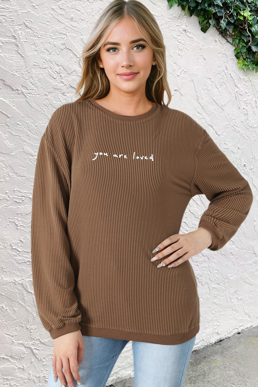 Khaki You Are Loved Print Corduroy Sweatshirt