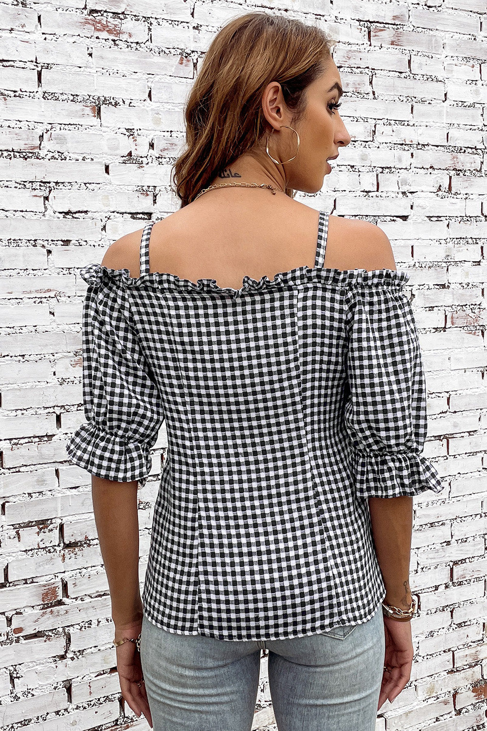 Black Sweetheart Gingham Button Down Cold Shoulder Blouse