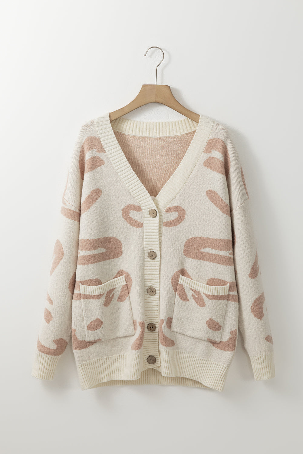 Beige Slouchy Leopard V Neck Buttoned Cardigan