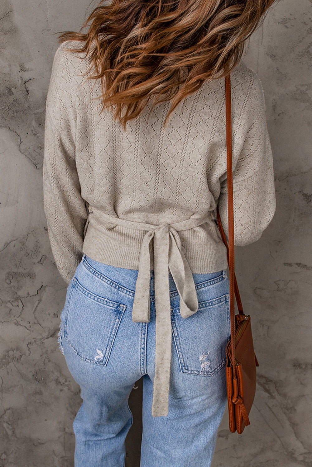 Khaki Wrap V Neck Back Tie Knit Sweater