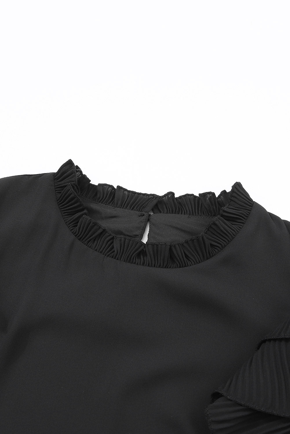 Black Button Keyhole Back Pleated Ruffle Trim Blouse