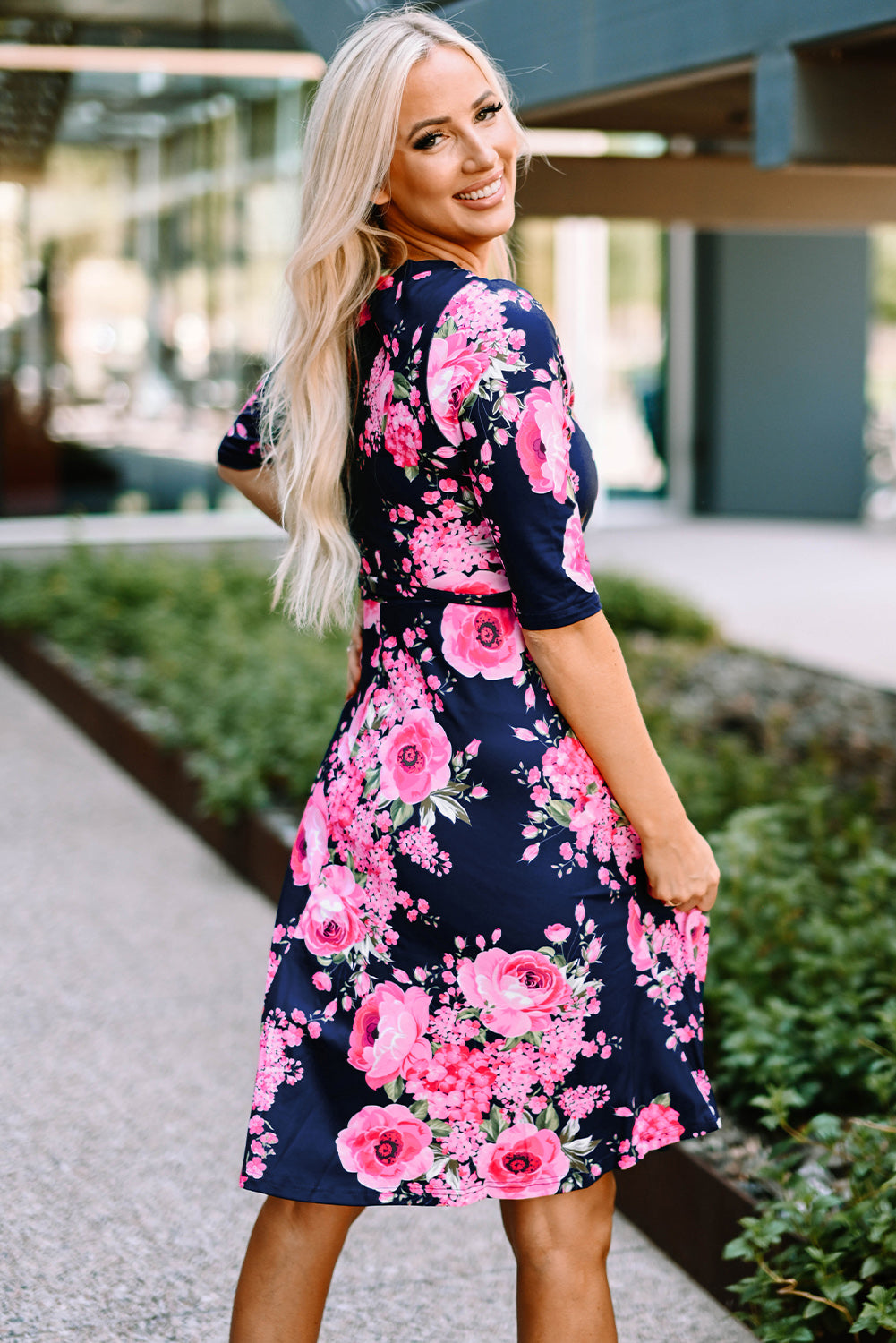 Blue Wrap V Neck Floral Dress with Belt