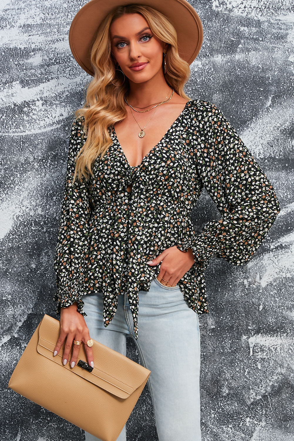 Black Floral Print Front Tie Ruffled Long Sleeve Blouse