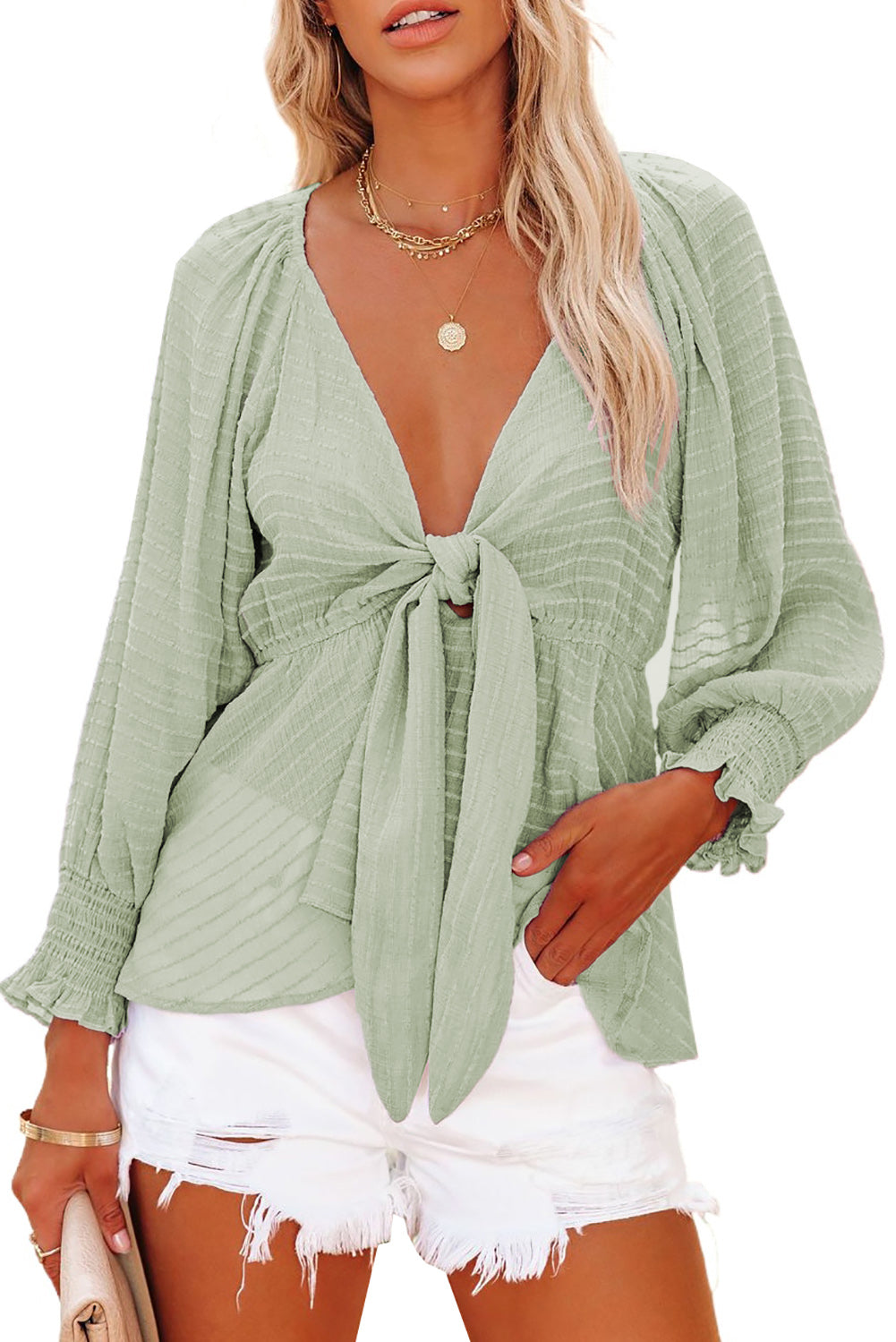 Green Textured Tie Front Peplum Blouse