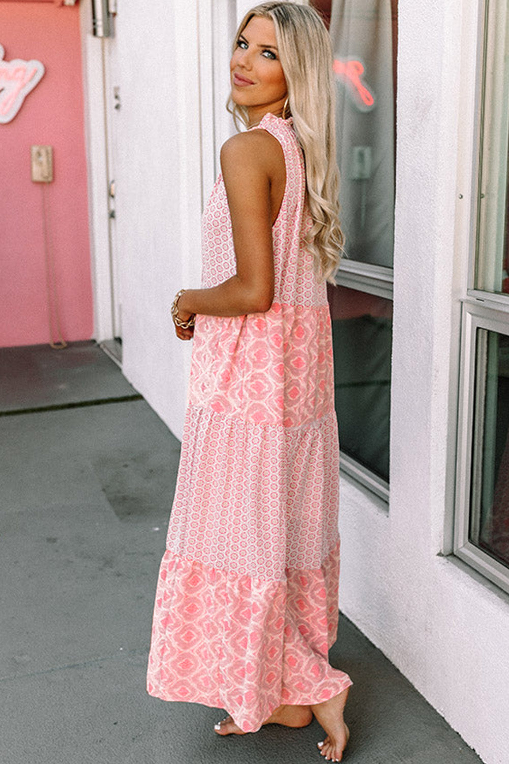 Pink Abstract Print Split Neck Sleeveless Maxi Dress