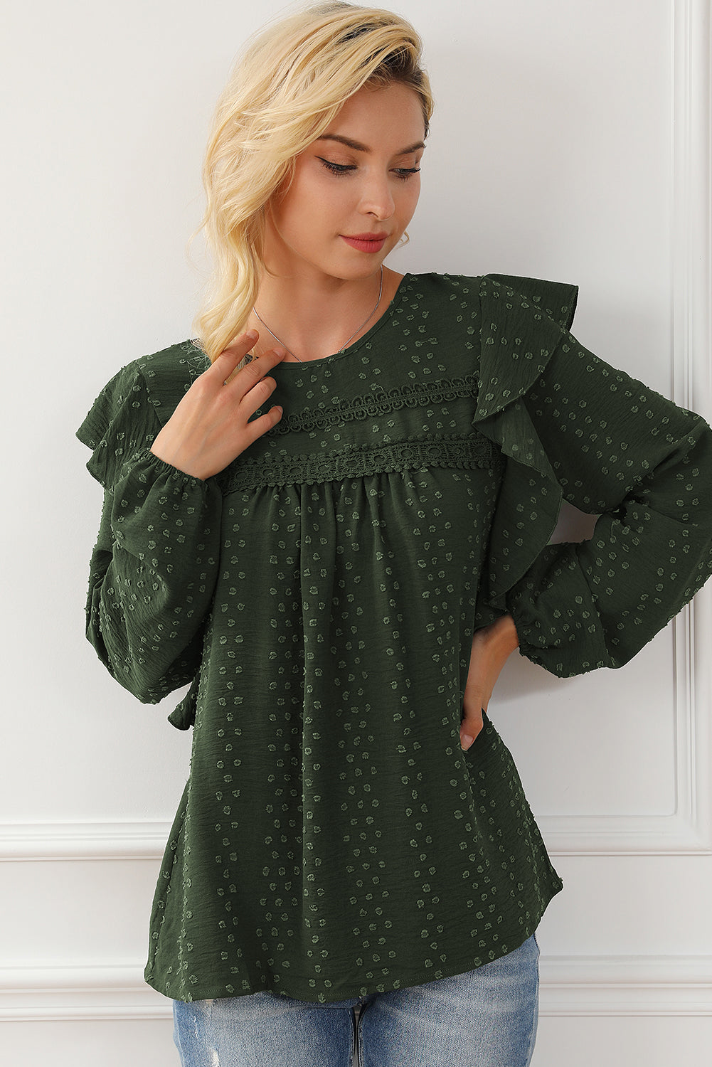 Blackish Green Lace Eyelet Ruffle Shoulder Long Sleeve Blouse