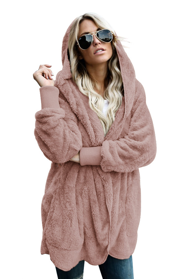 Pink Soft Fleece Hooded Open Front Coat