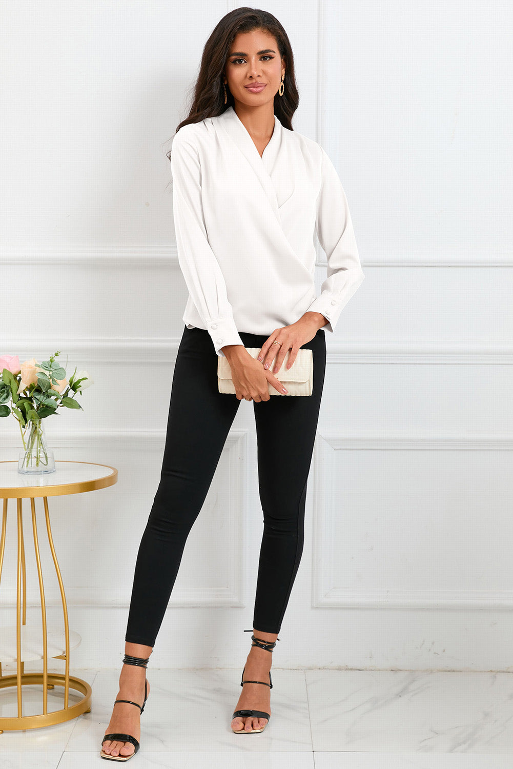 White Solid Wrap V Neck Long Sleeve Top