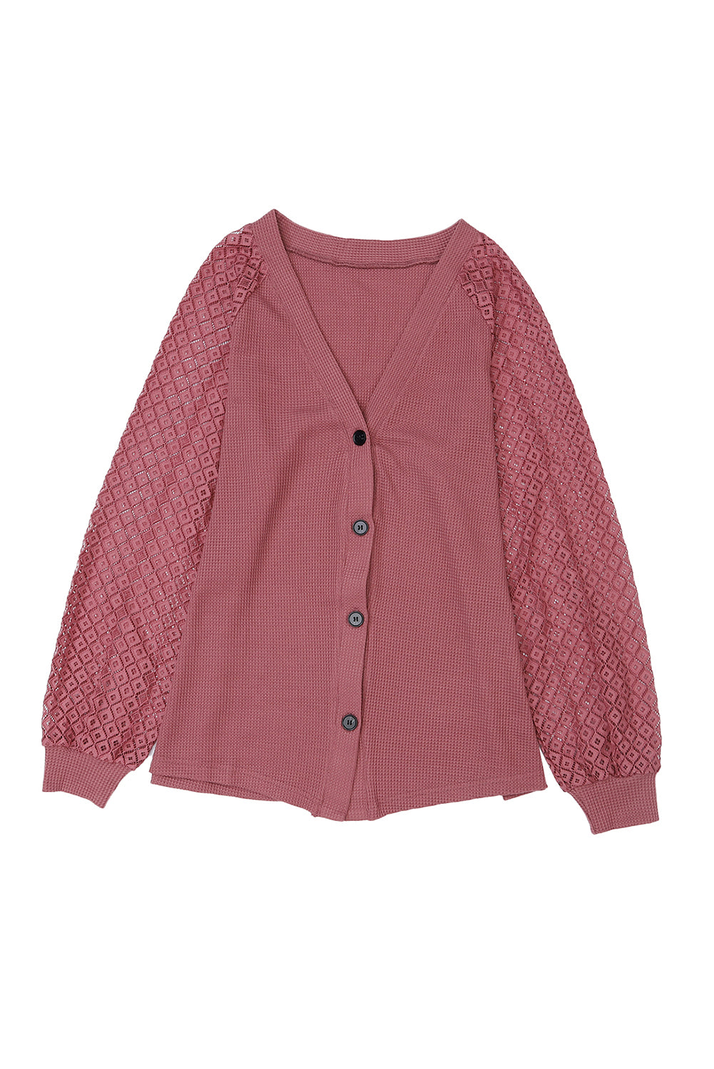 Waffled Knit Lace Long Sleeve Buttoned Cardigan