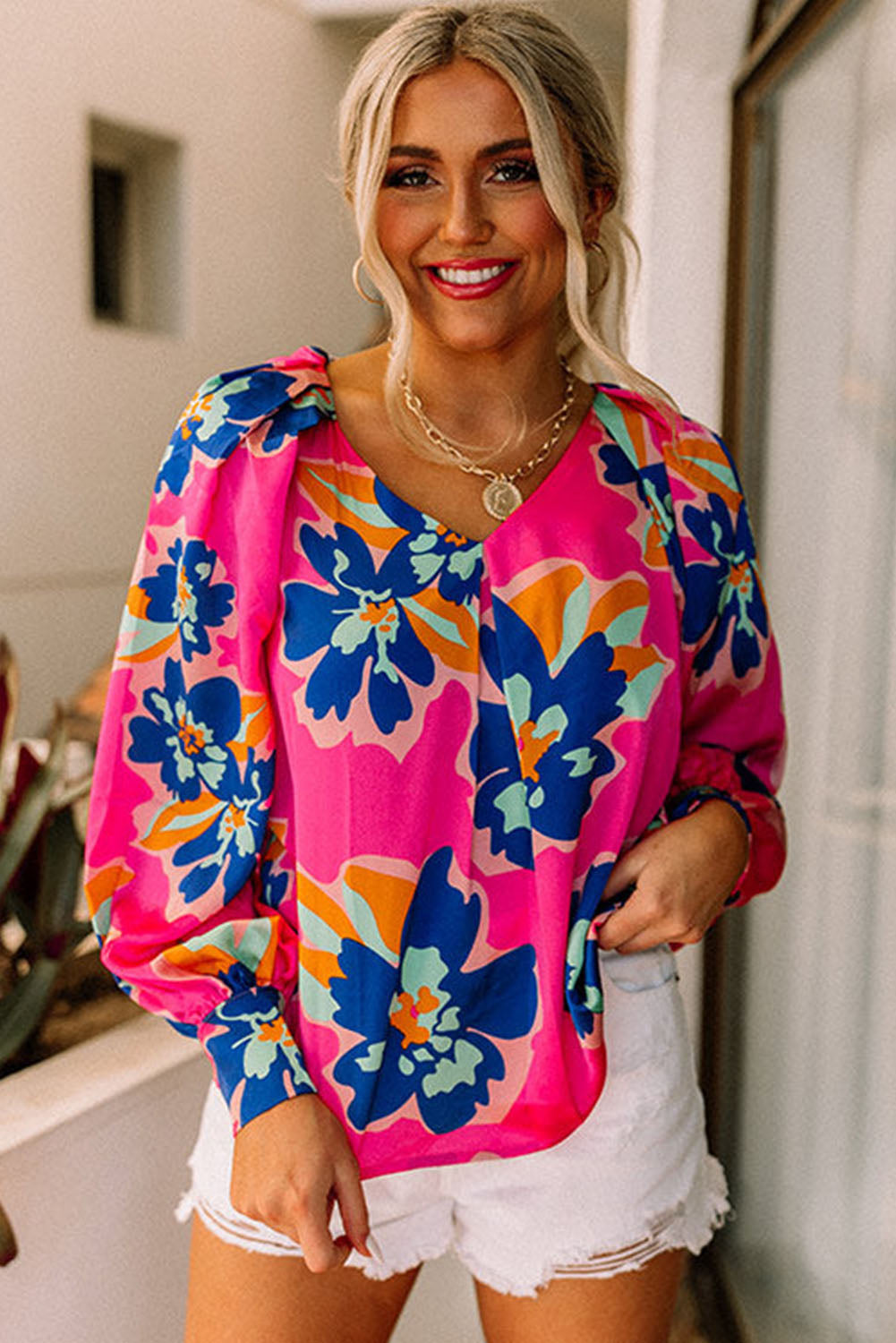 Rose Flower Print Puff Sleeve Blouse