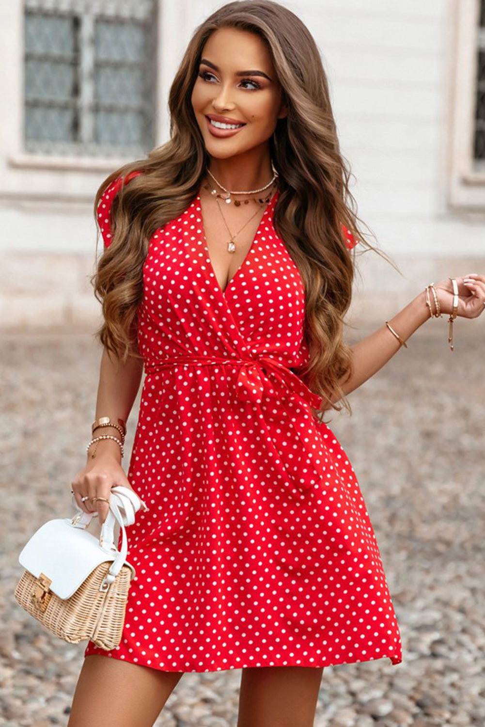 Red Polka Dot V Neck Ruffle Sleeve Dress