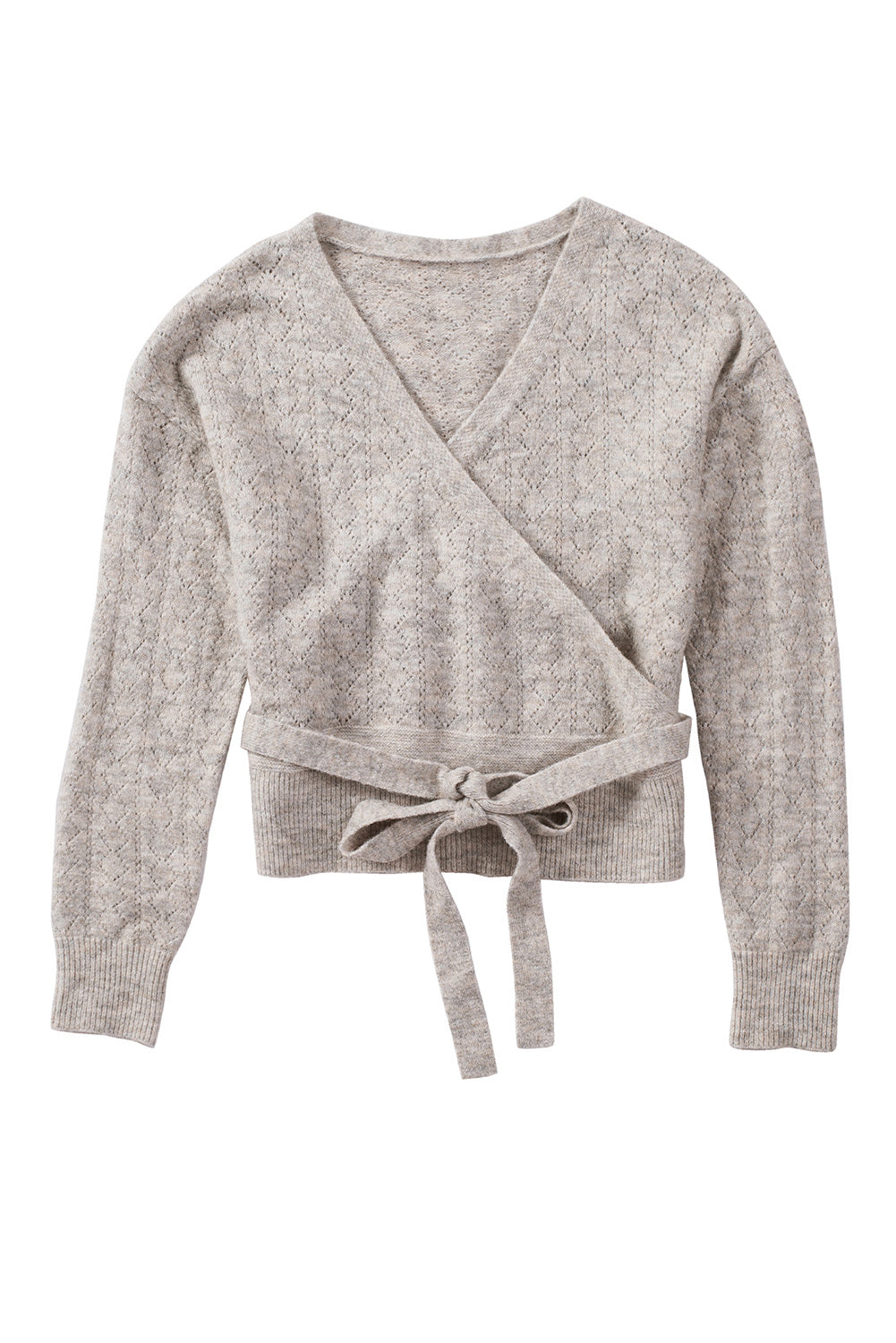 Khaki Wrap V Neck Back Tie Knit Sweater