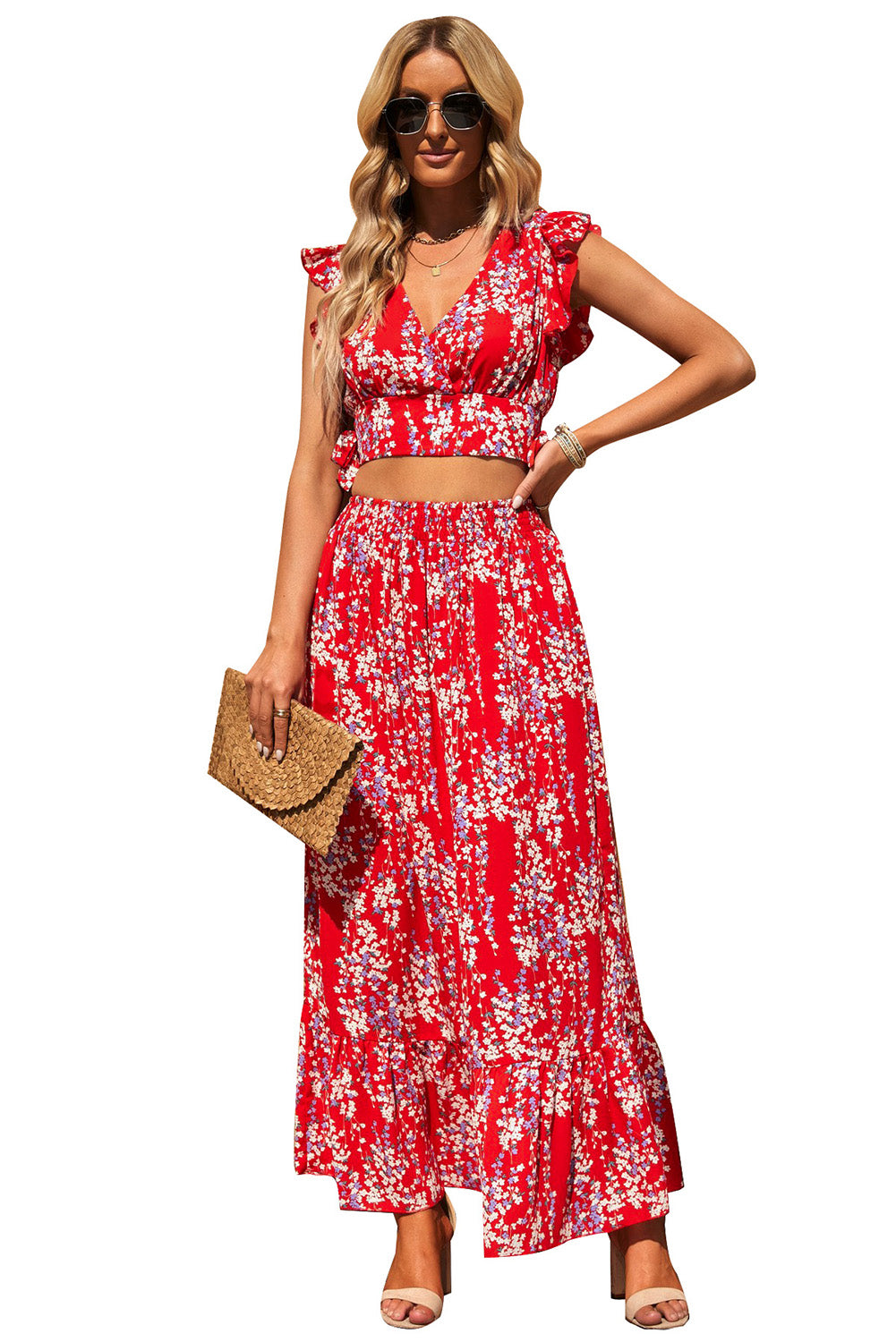 Red Multicolor Floral Ruffled Crop Top and Maxi Skirt Set