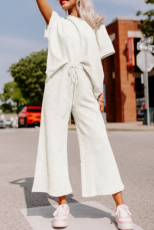 Bright White Textured Loose Fit T Shirt and Drawstring Pants Set