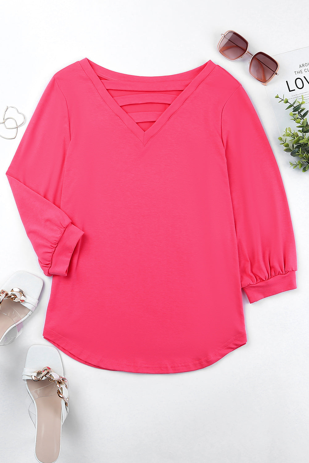 Rose Strappy V Neck Long Sleeve Top